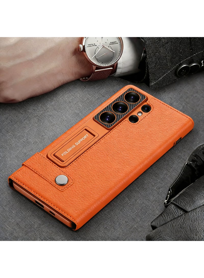 Adando for Samsung Galaxy S26 Ultra Flip Wallet Case with Kickstand, Hard PC Magnetic Flip Case with Card Holder Slot, Shockproof Cover for Samsung S26 Ultra [Not Include Pen] (Orange) - Image 3